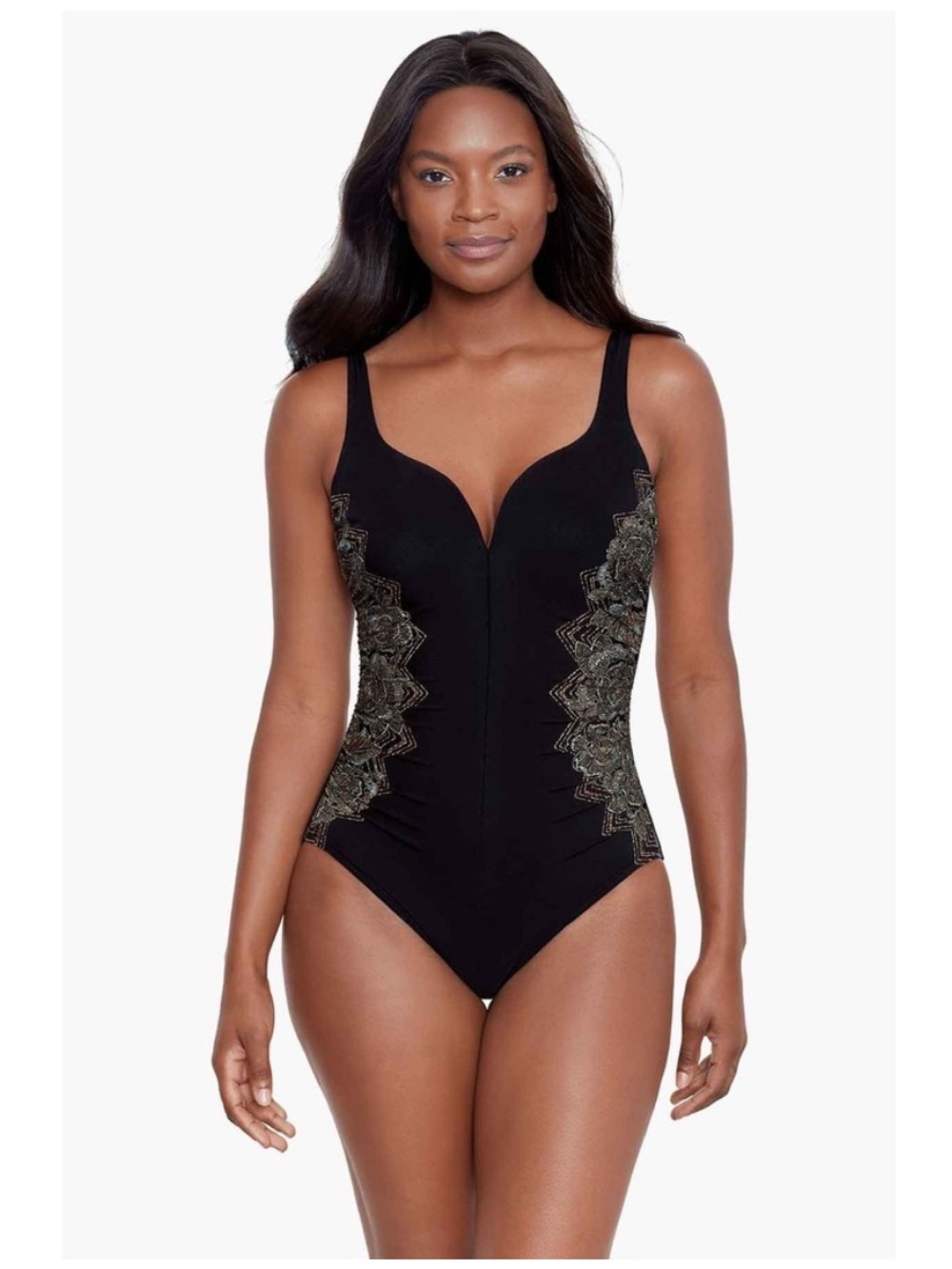 Miraclesuit Black One-Piece Swimsuit with Gold Lace illusion Side Panels - Picture 3 of 12